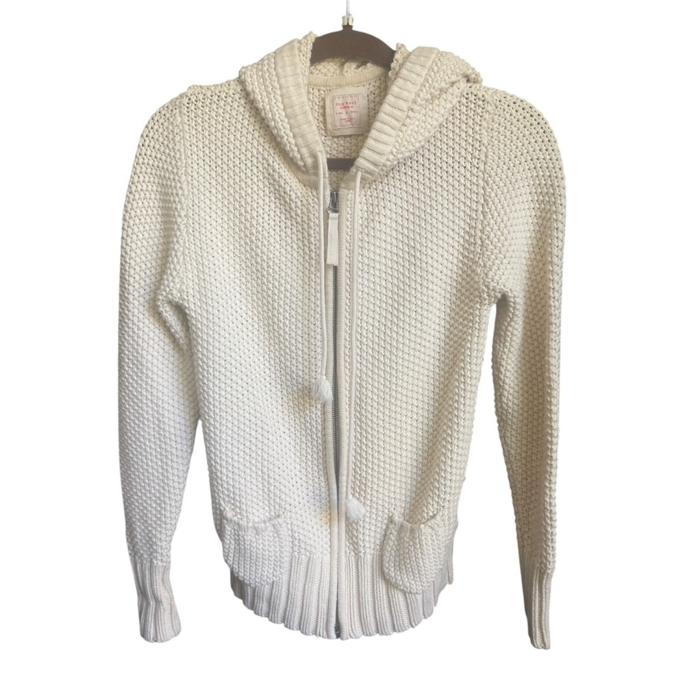Old Navy Cottage Cozy Cream Textured Hooded Full Zip Sweater With Tassels M